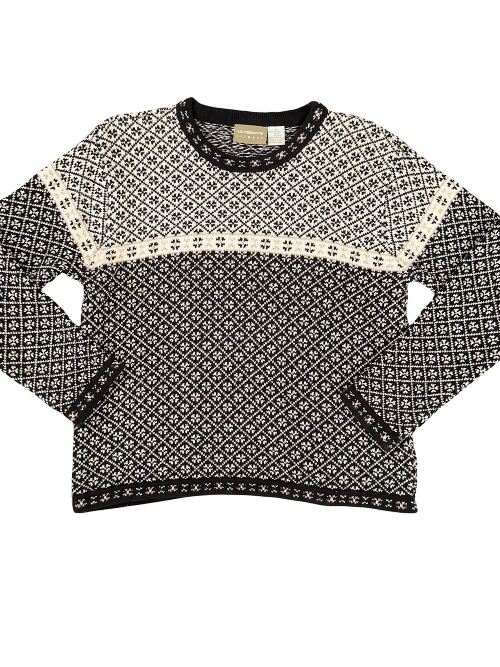 Liz Claiborne Black and Cream Fair Isle Crewneck Sweater 100% Cotton